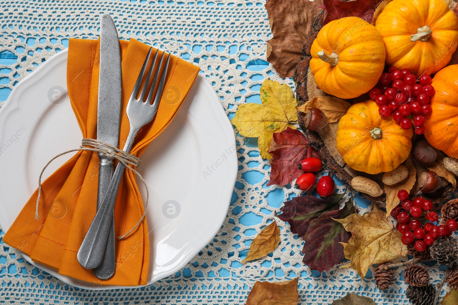 Photo of Happy Thanksgiving day. Beautiful table setting with autumn decor, flat lay