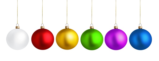 Image of Set of bright Christmas balls on white background. Banner design 