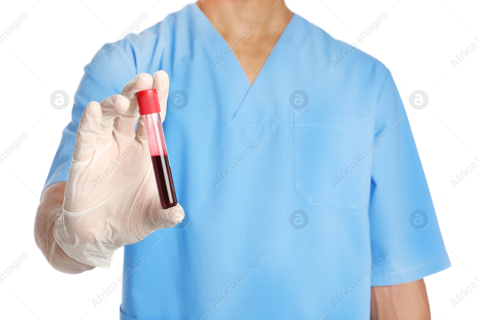 Photo of Male doctor holding test tube with blood sample on white background, closeup. Medical object