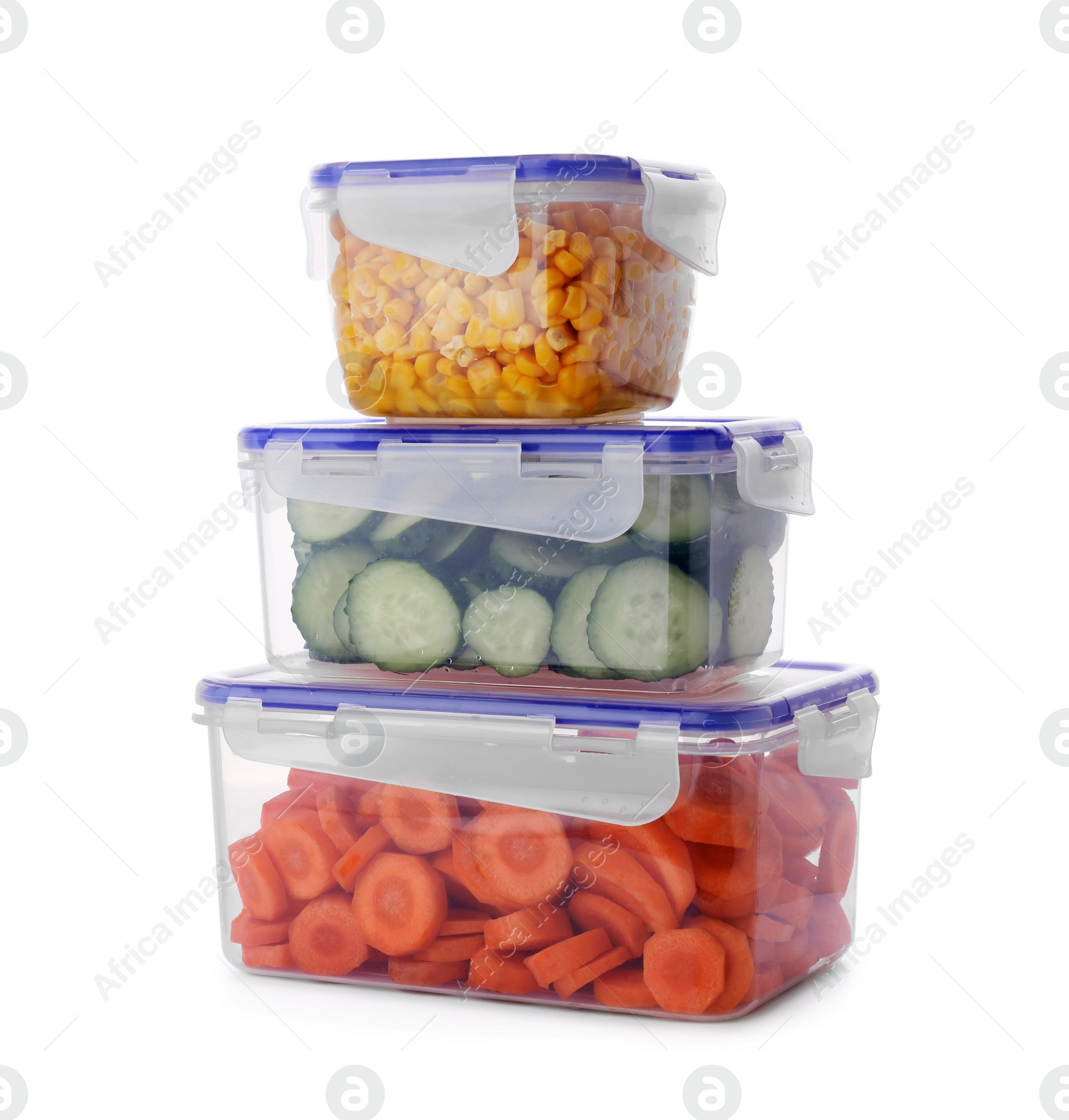 Photo of Plastic containers with different fresh products isolated on white