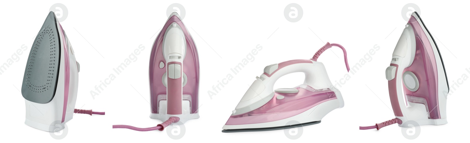 Image of Set with modern irons on white background. Banner design