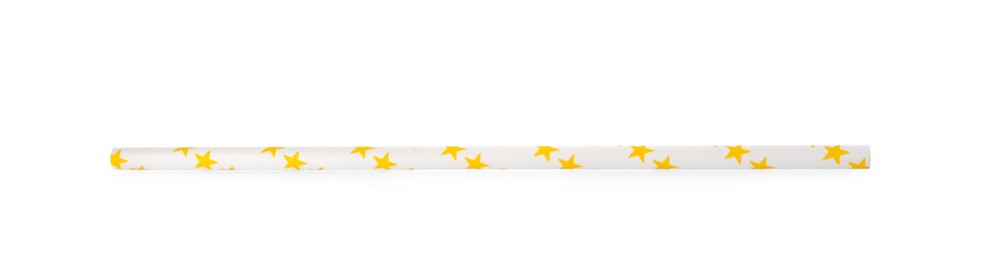 Photo of One paper straw with yellow stars for drinking isolated on white