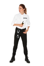 Photo of Female security guard in uniform with portable radio transmitter on white background