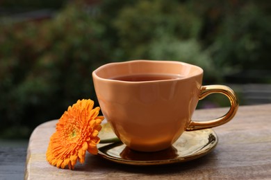 Photo of Cup of delicious chamomile tea and fresh calendula flower outdoors, closeup