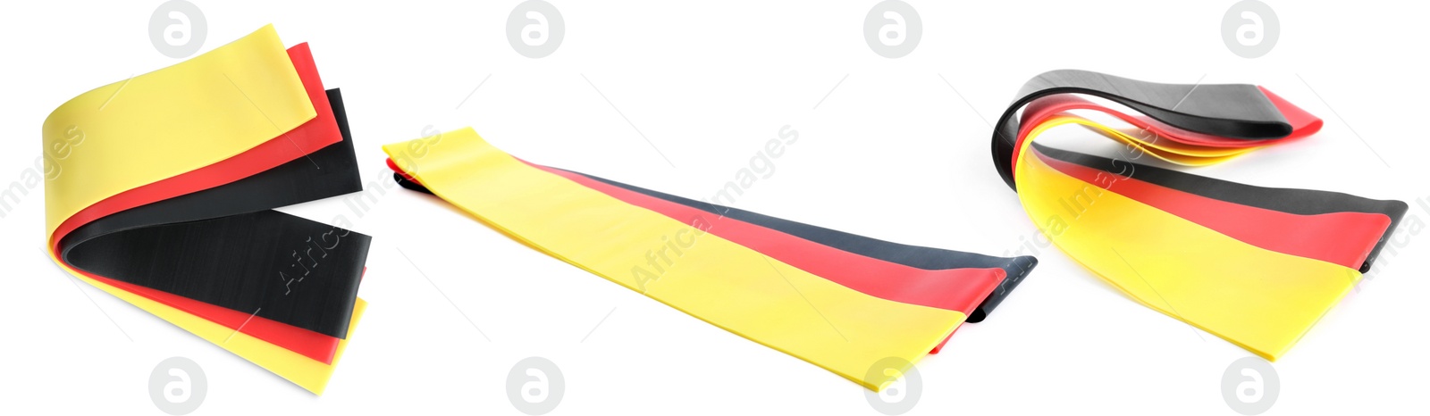 Image of Set of different fitness elastic bands on white background, banner design