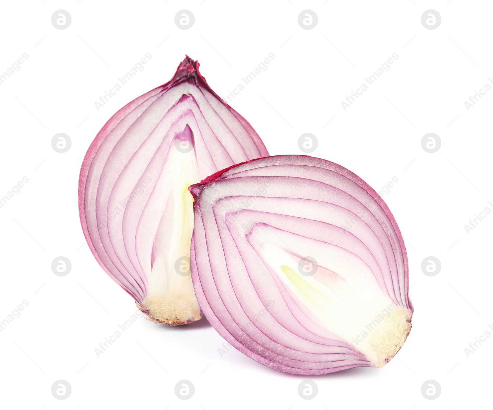 Photo of Halves of red onion on white background