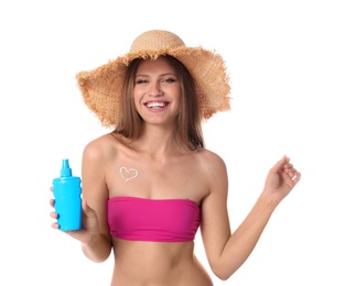 Woman with bottle of sun protection body cream on white background