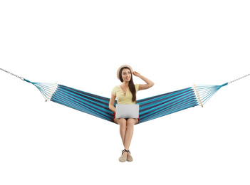 Photo of Woman with laptop in hammock on white background