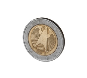 Photo of Shiny two euro coin on white background