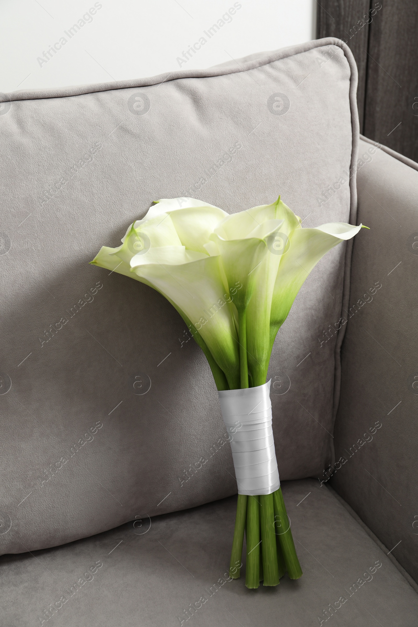 Photo of Beautiful calla lily flowers tied with ribbon on sofa indoors