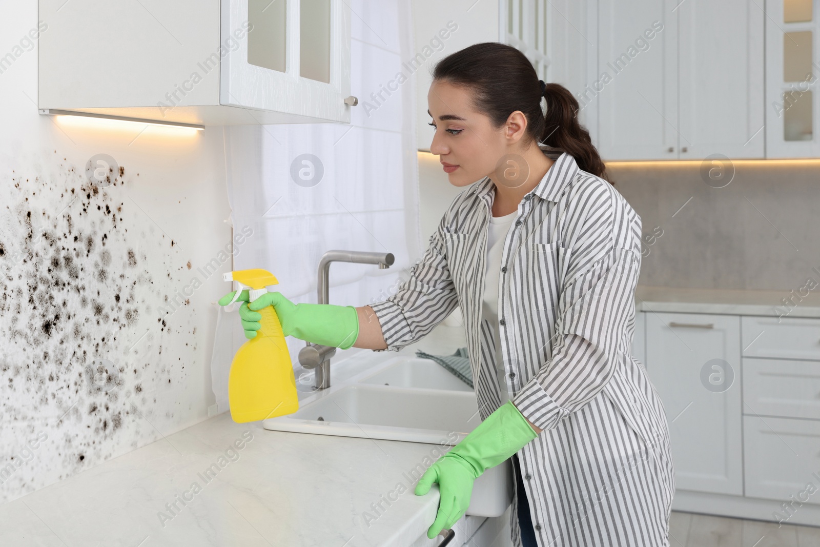 Image of Woman in rubber gloves using mold remover on wall in kitchen