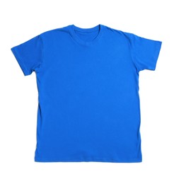 Photo of Blue t-shirt isolated on white, top view. Mockup for design