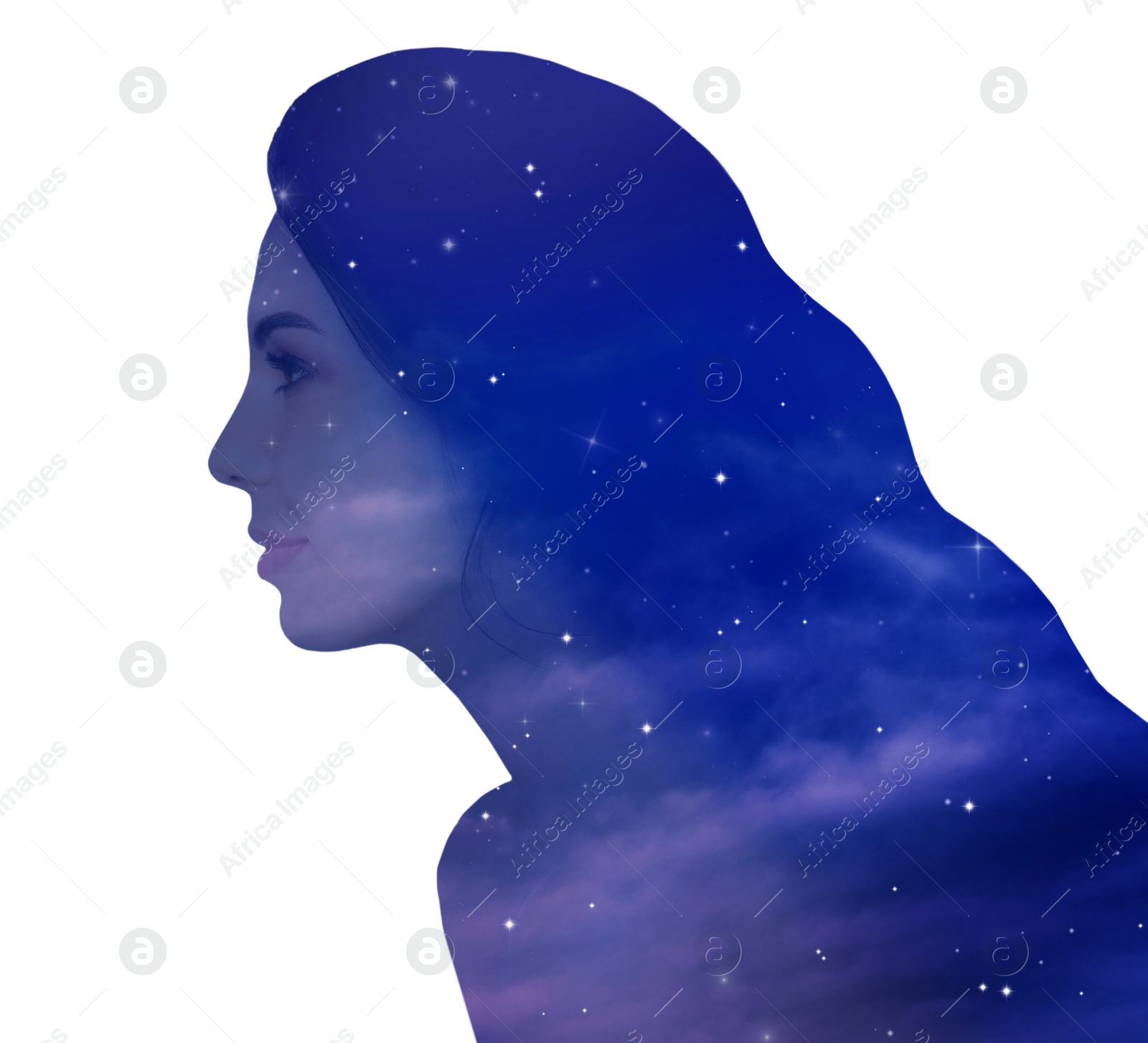 Image of Universe hidden in human, mindfulness, imagination, art, creativity, inner power concepts. Silhouette of woman and starry sky or galaxy on white background, double exposure