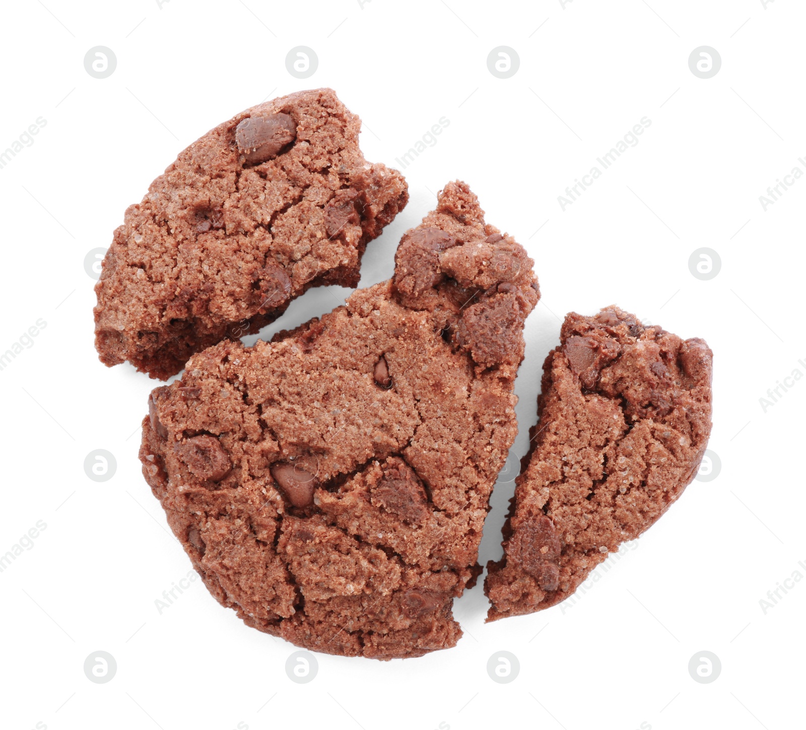 Photo of Broken chocolate chip cookie isolated on white, top view