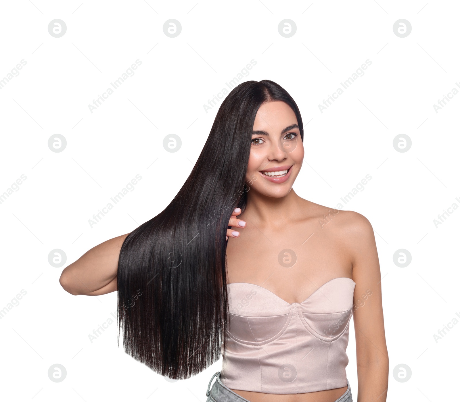 Photo of Portrait of beautiful young woman with healthy strong hair on white background