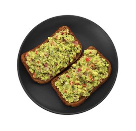 Photo of Slices of bread with tasty guacamole isolated on white, top view