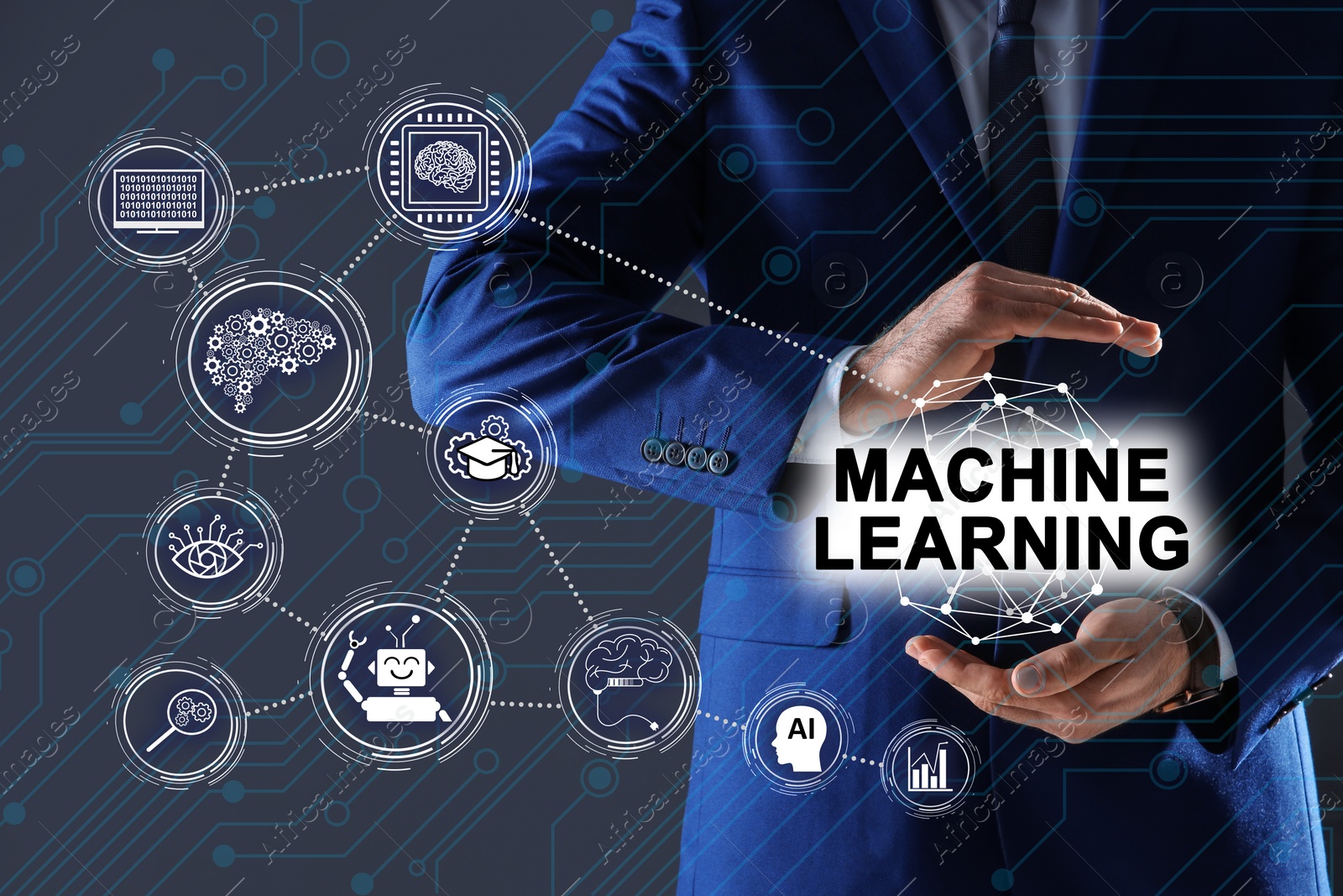 Image of Man demonstrating machine learning model with linked icons on dark background, closeup