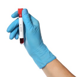Photo of Scientist in protective gloves holding test tube with blood sample and label Covid-19 on white background, closeup