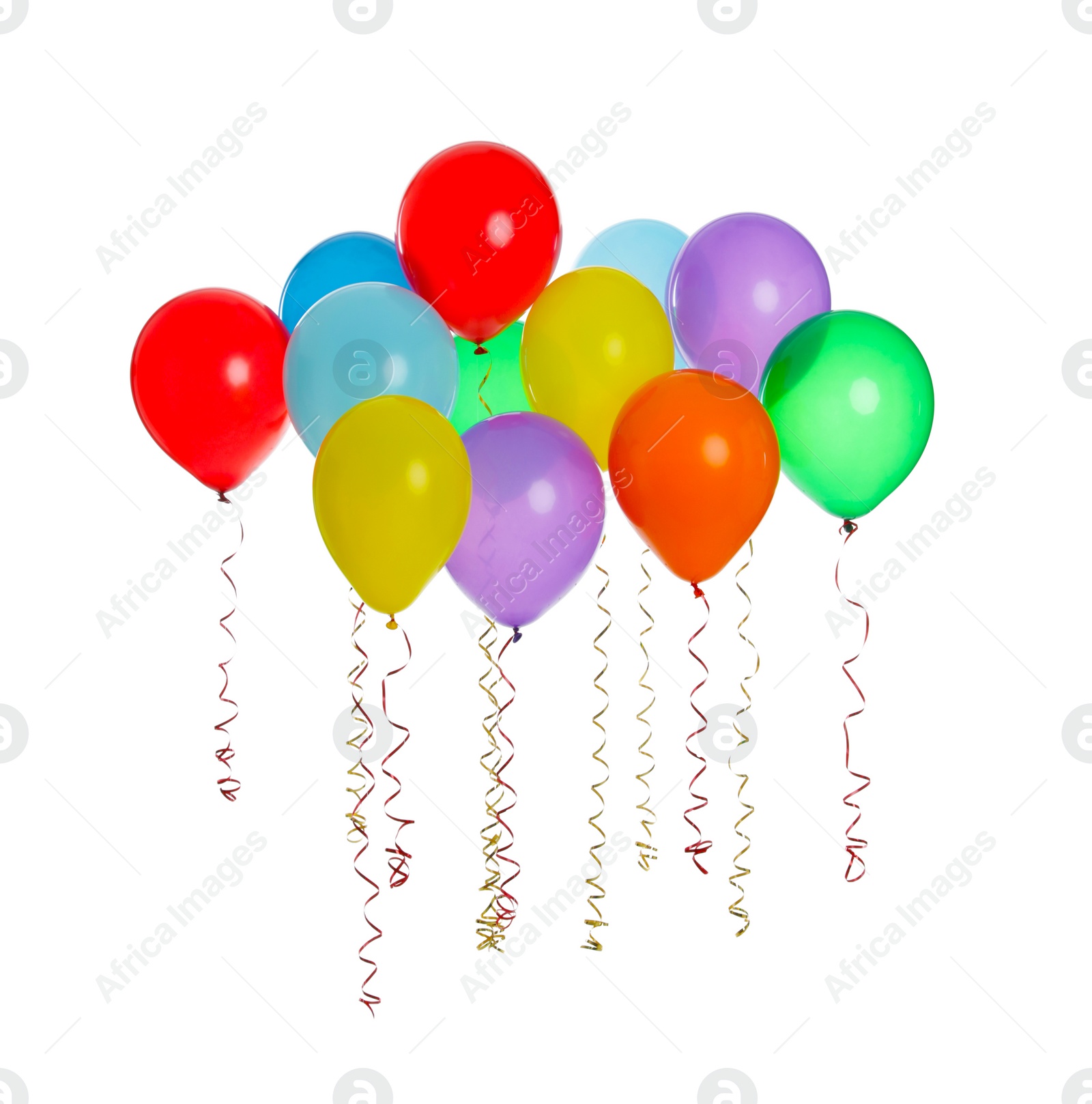 Photo of Many colorful balloons floating on white background