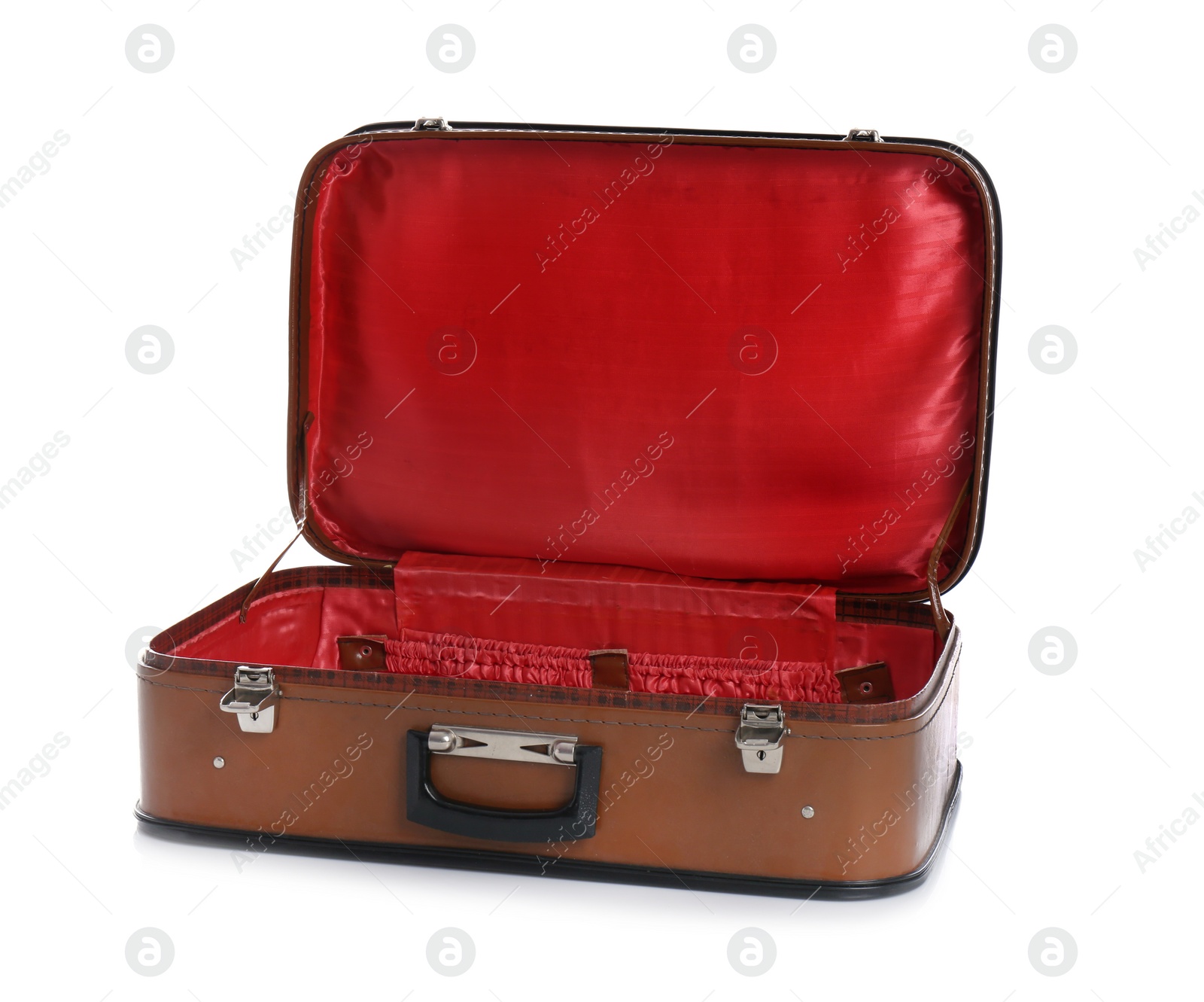 Photo of Open classic brown suitcase on white background