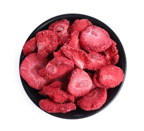 Photo of Freeze dried strawberries in bowl on white background, top view