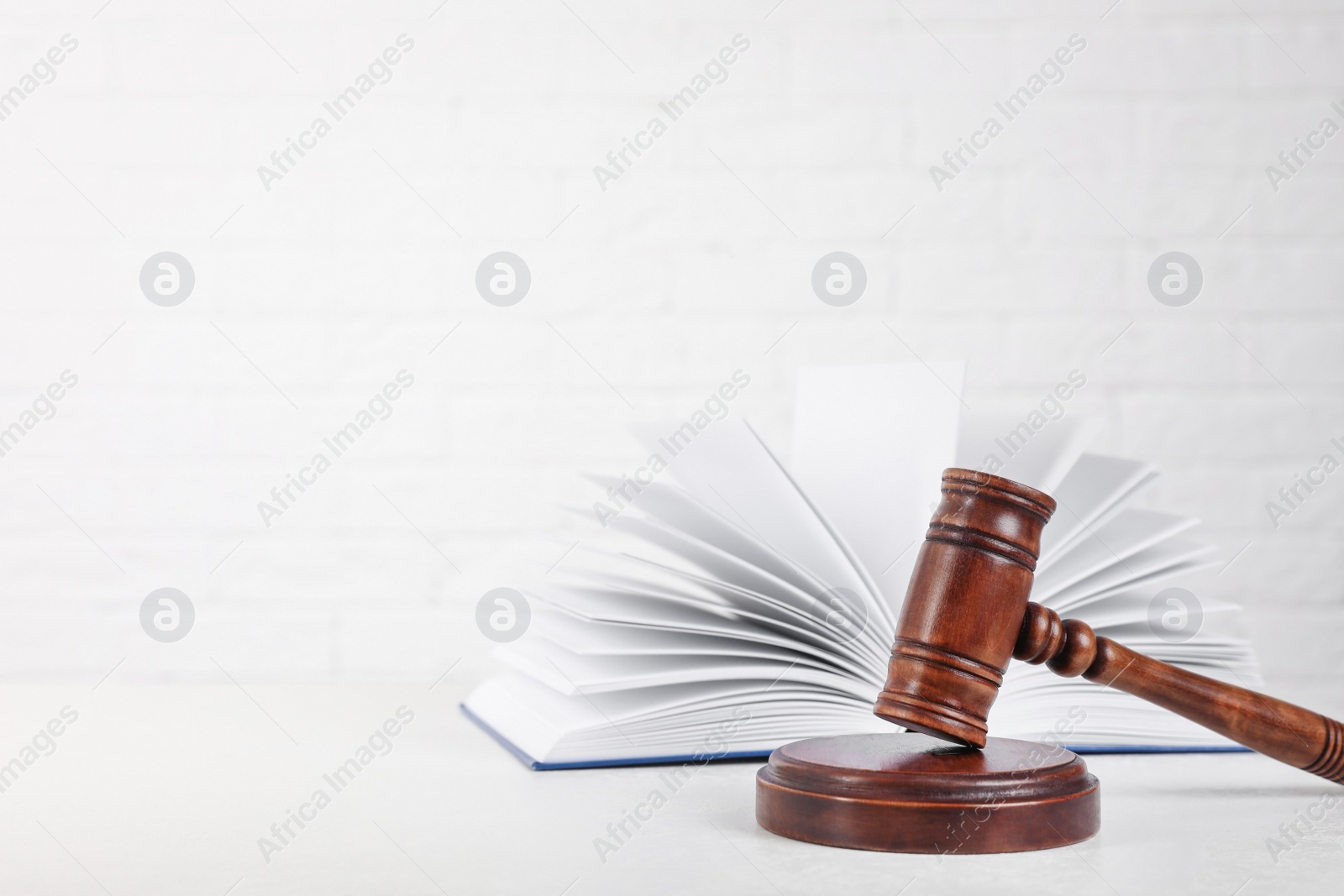 Photo of Gavel and book on table against white background, space for text. Criminal law