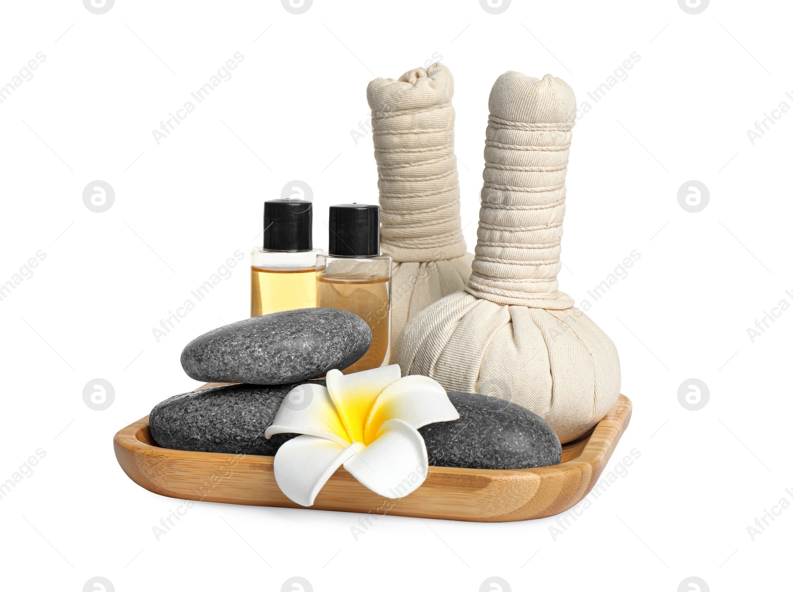 Photo of Beautiful spa composition with herbal bags isolated on white