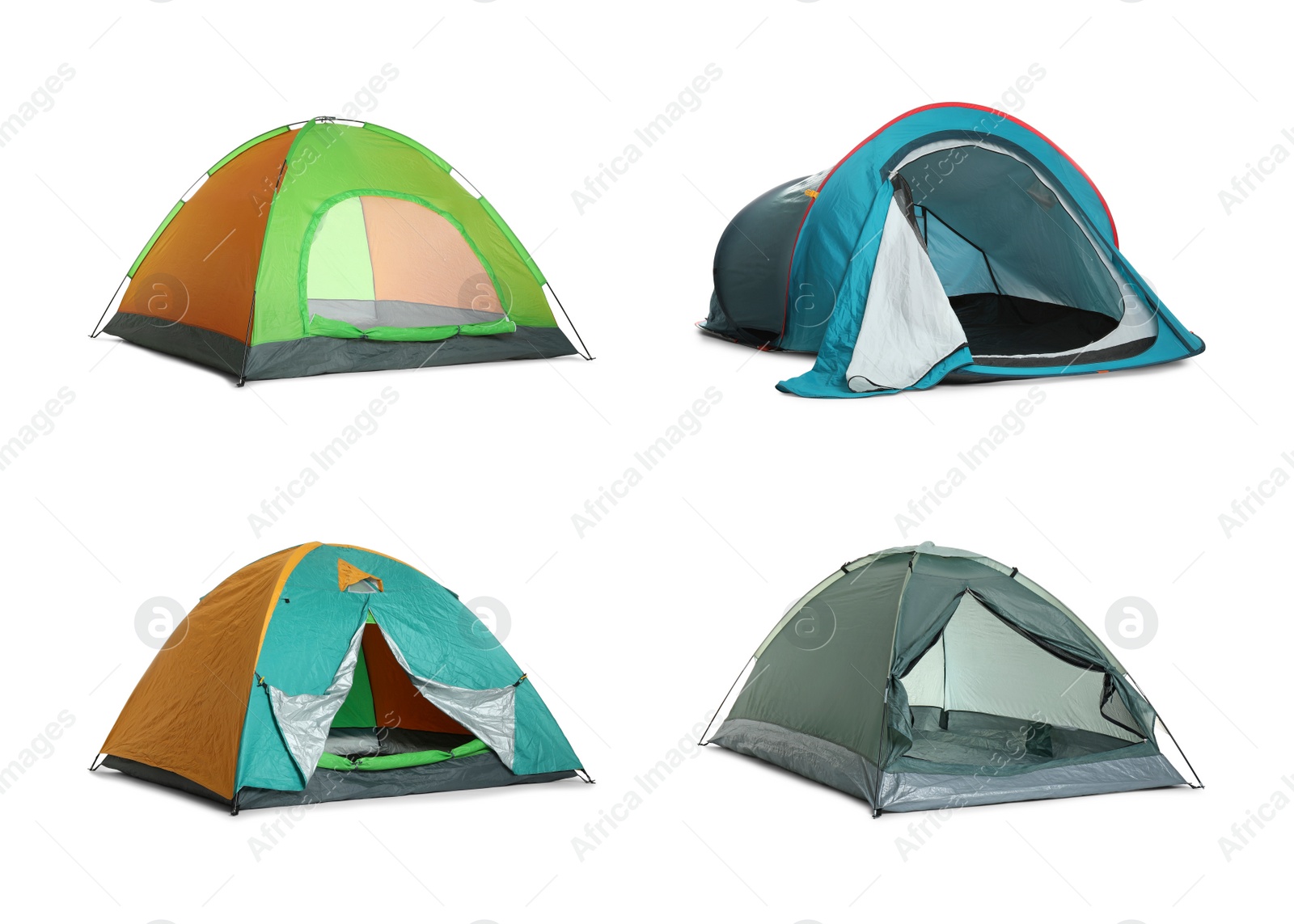 Image of Set with different bright camping tents on white background