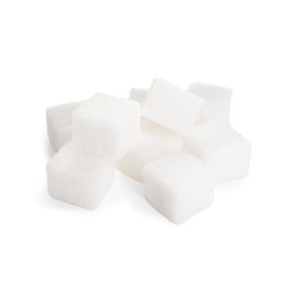 Photo of Pile of sugar cubes isolated on white