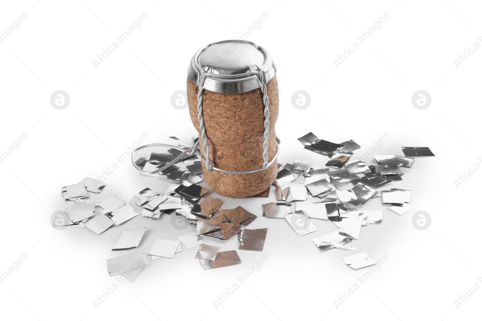 Photo of Cork of sparkling wine with muselet cap and shiny silver confetti on white background