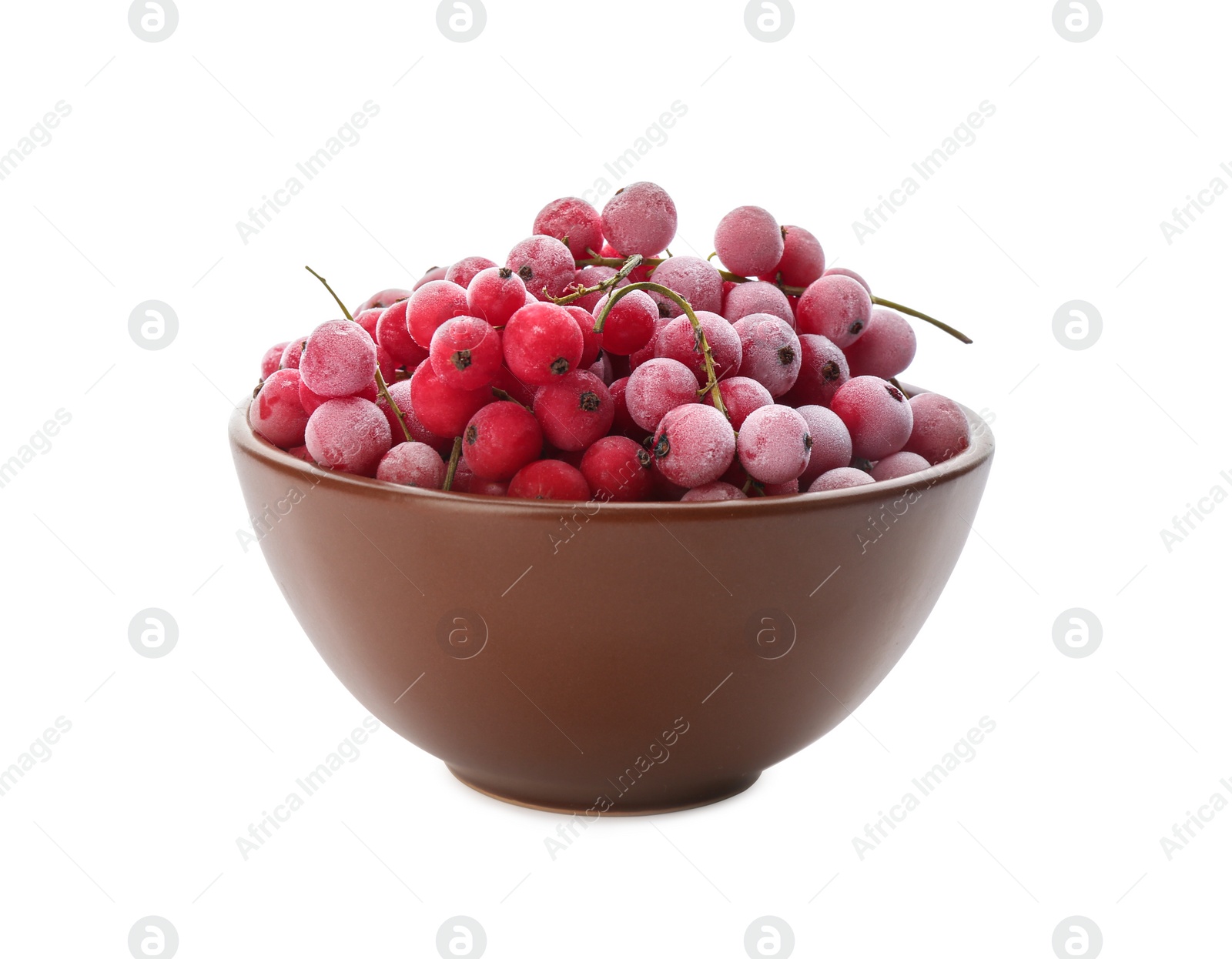 Photo of Tasty frozen red currants in bowl on white background