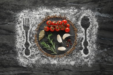 Different spices and silhouettes of cutlery and plate on grey marble background, flat lay