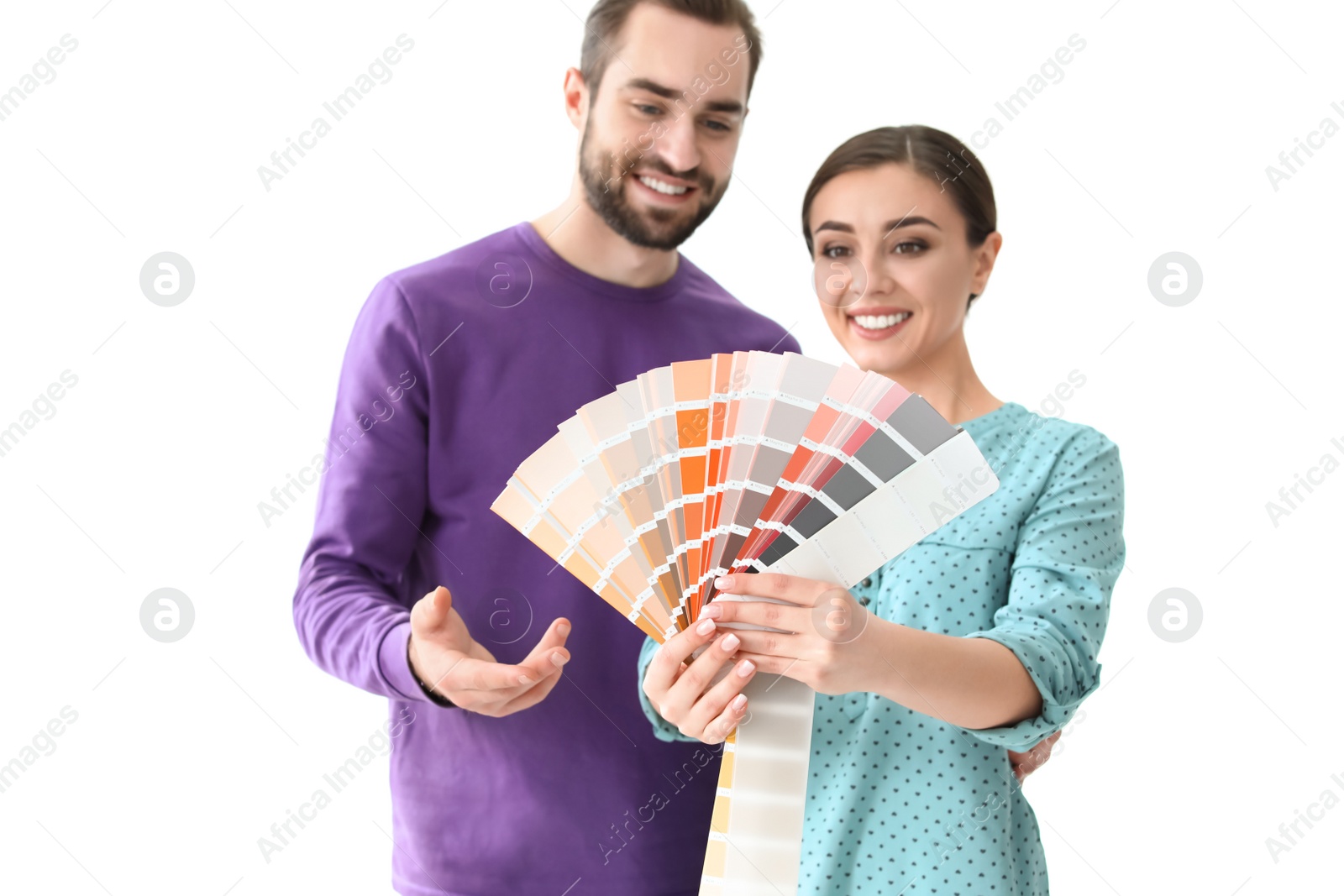 Photo of Young couple with color palette on white background