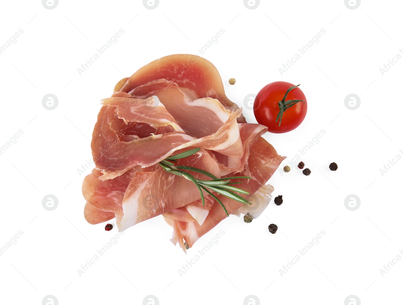 Photo of Delicious prosciutto with rosemary and tomato on white background, top view