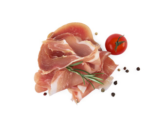 Photo of Delicious prosciutto with rosemary and tomato on white background, top view