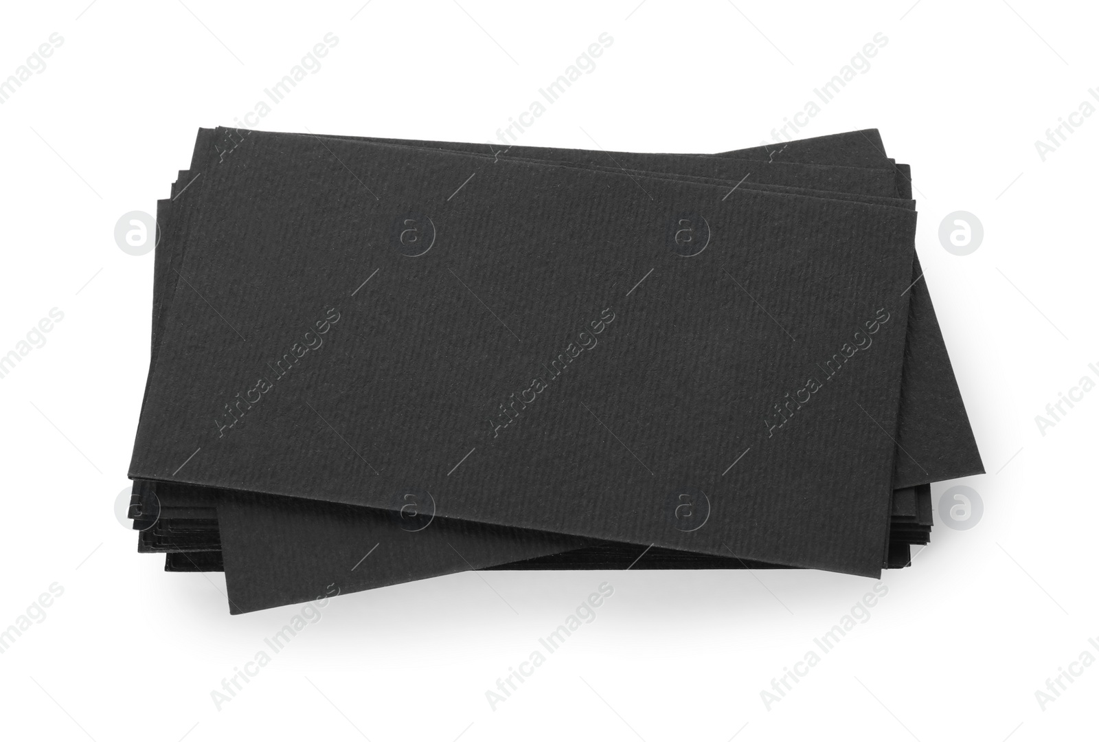 Photo of Many blank black business cards isolated on white, top view. Mockup for design