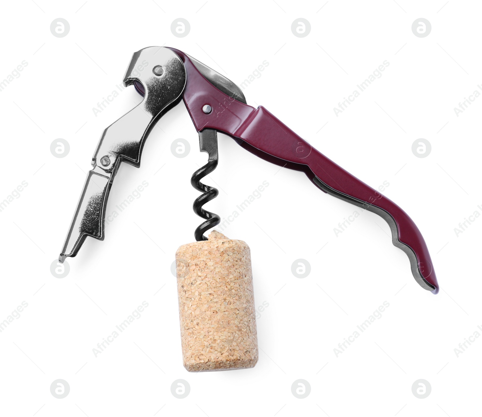 Photo of Corkscrew and wine bottle stopper isolated on white, top view