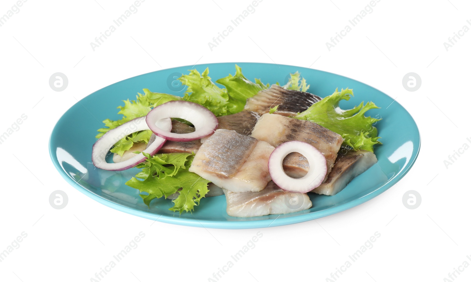 Photo of Blue plate with delicious salted herring slices, lettuce and onion rings isolated on white