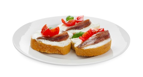 Photo of Delicious sandwiches with cream cheese, anchovies, tomatoes and basil on white background