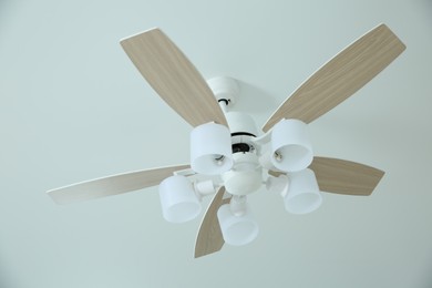 Ceiling fan with lamps indoors, low angle view