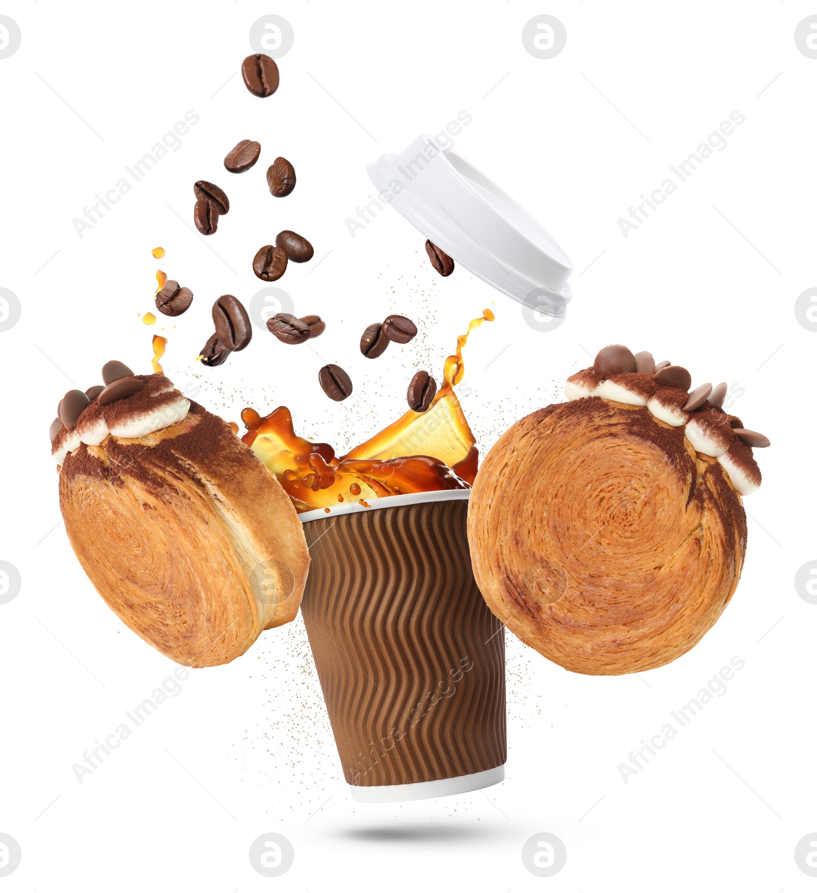 Image of Round croissants and coffee in air on white background