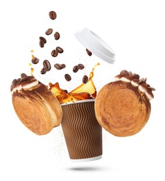 Image of Round croissants and coffee in air on white background