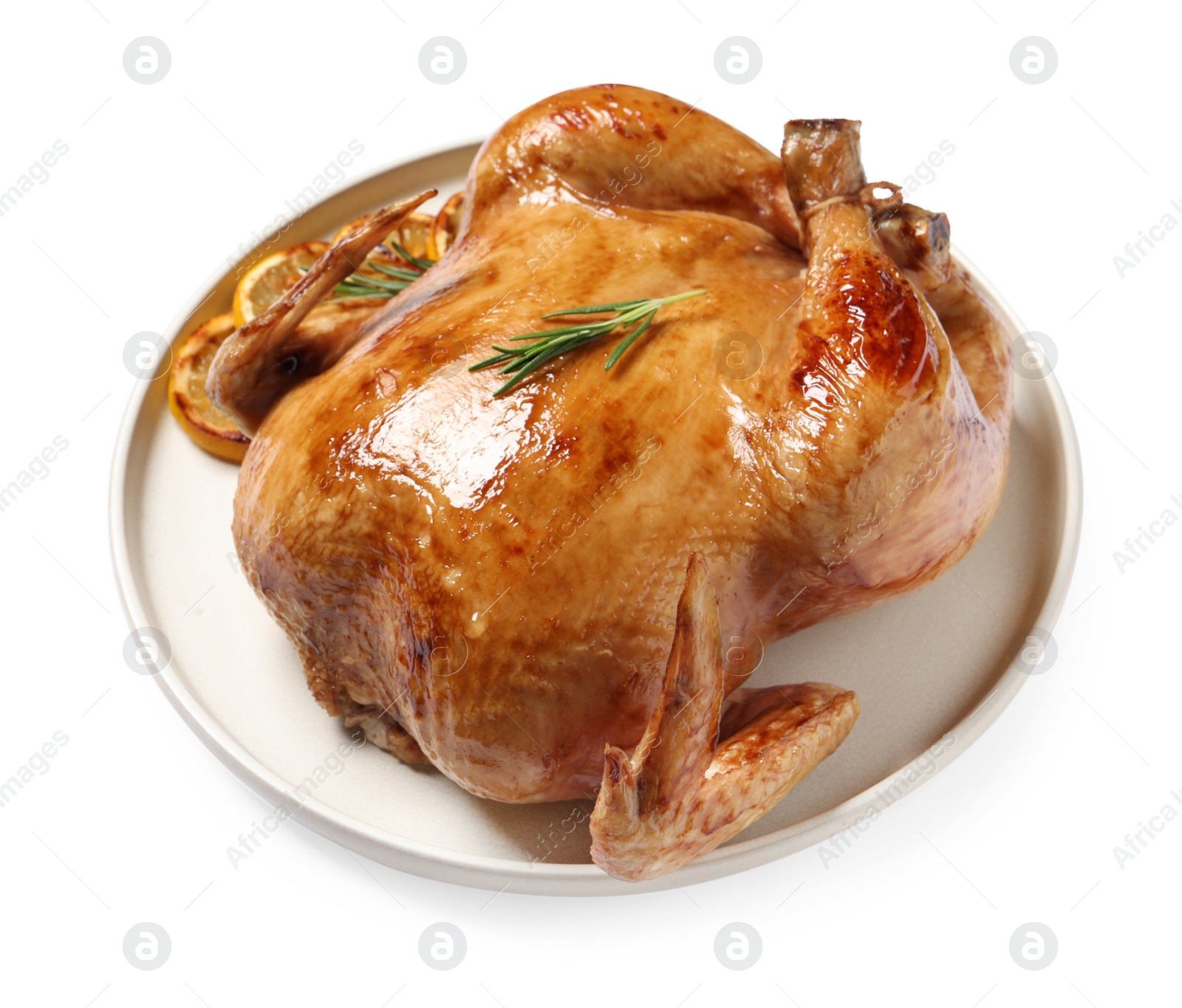 Photo of Tasty roasted chicken with rosemary and lemon isolated on white