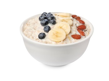 Tasty boiled oatmeal with blueberries, banana, almonds and chia seeds in bowl isolated on white