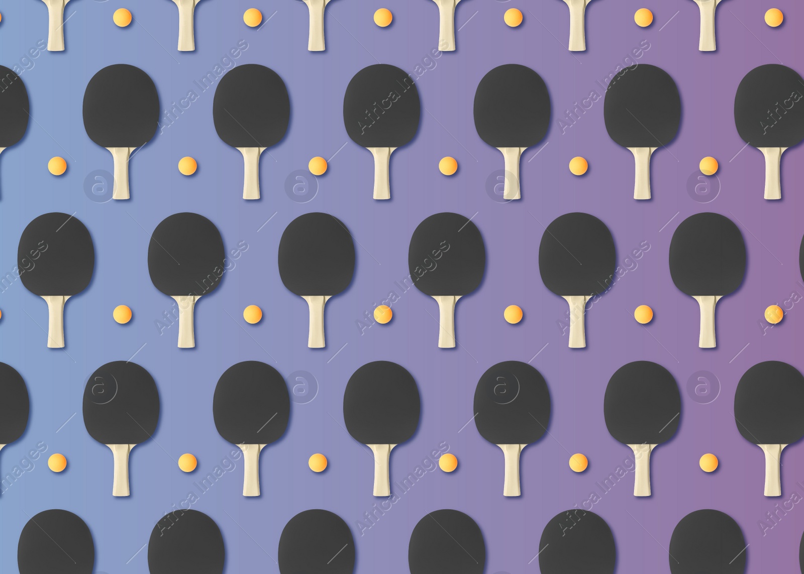 Image of Table tennis paddles and balls on color background, flat lay