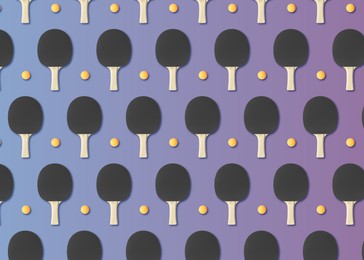 Table tennis paddles and balls on color background, flat lay