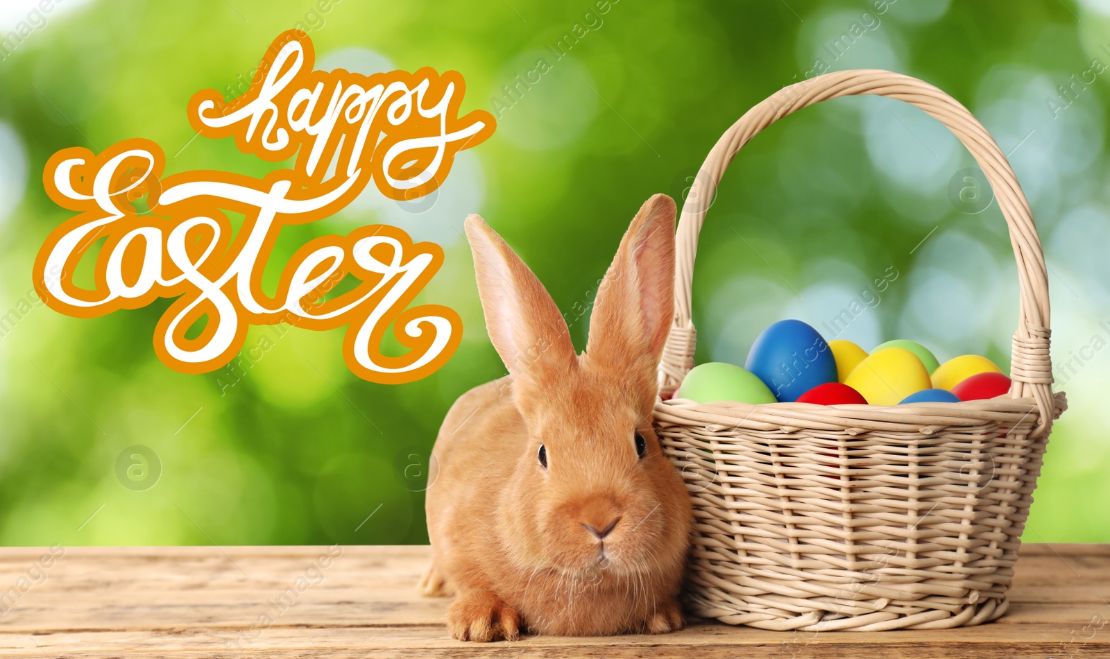 Image of Happy Easter. Adorable bunny and wicker basket with eggs on wooden table outdoors