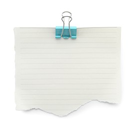 Piece of lined notebook sheet with binder clip isolated on white, top view