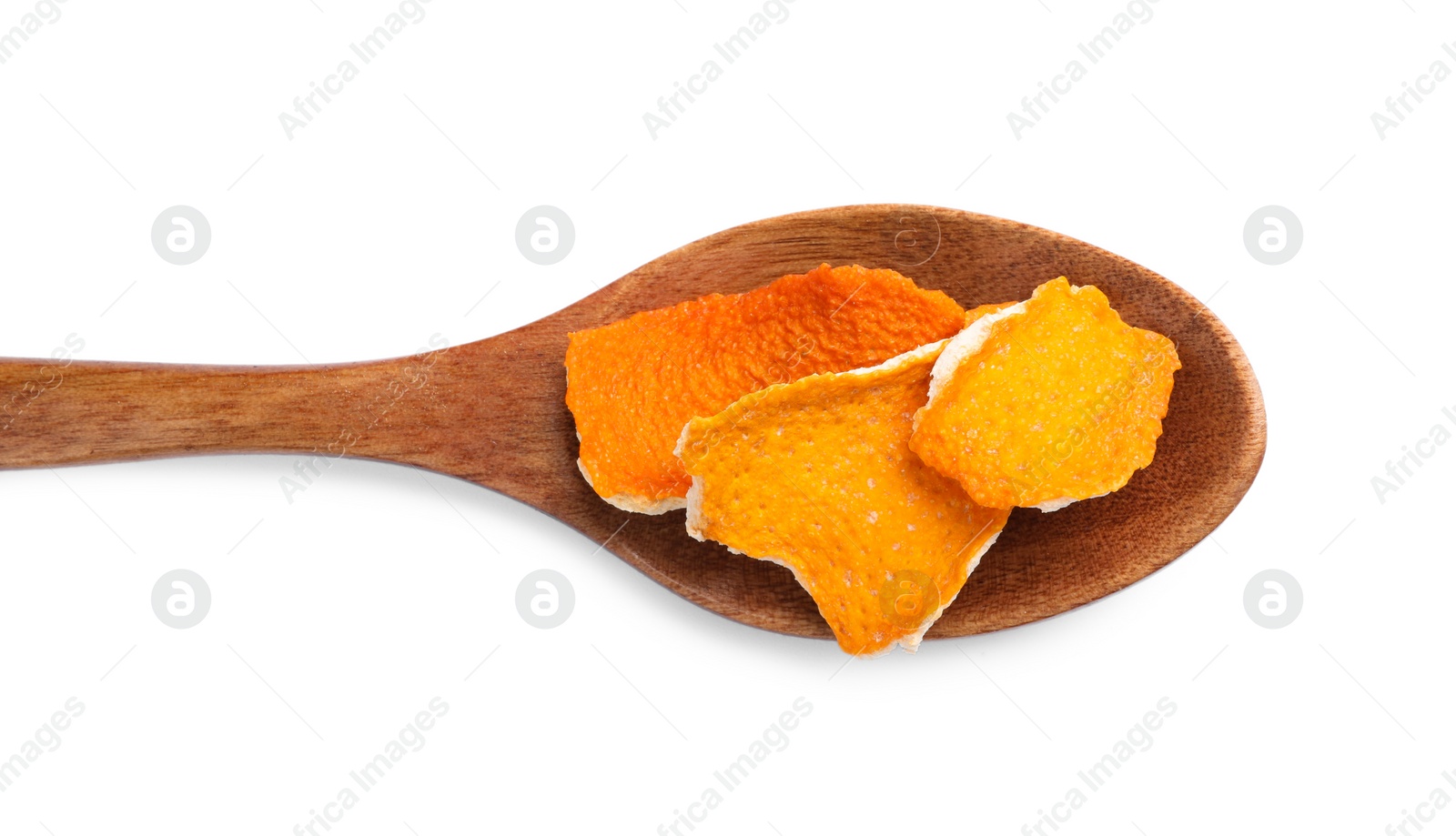 Photo of Wooden spoon with dry orange peels isolated on white, top view