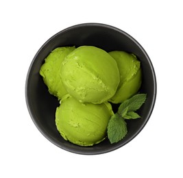 Photo of Tasty matcha ice cream in bowl isolated on white, top view